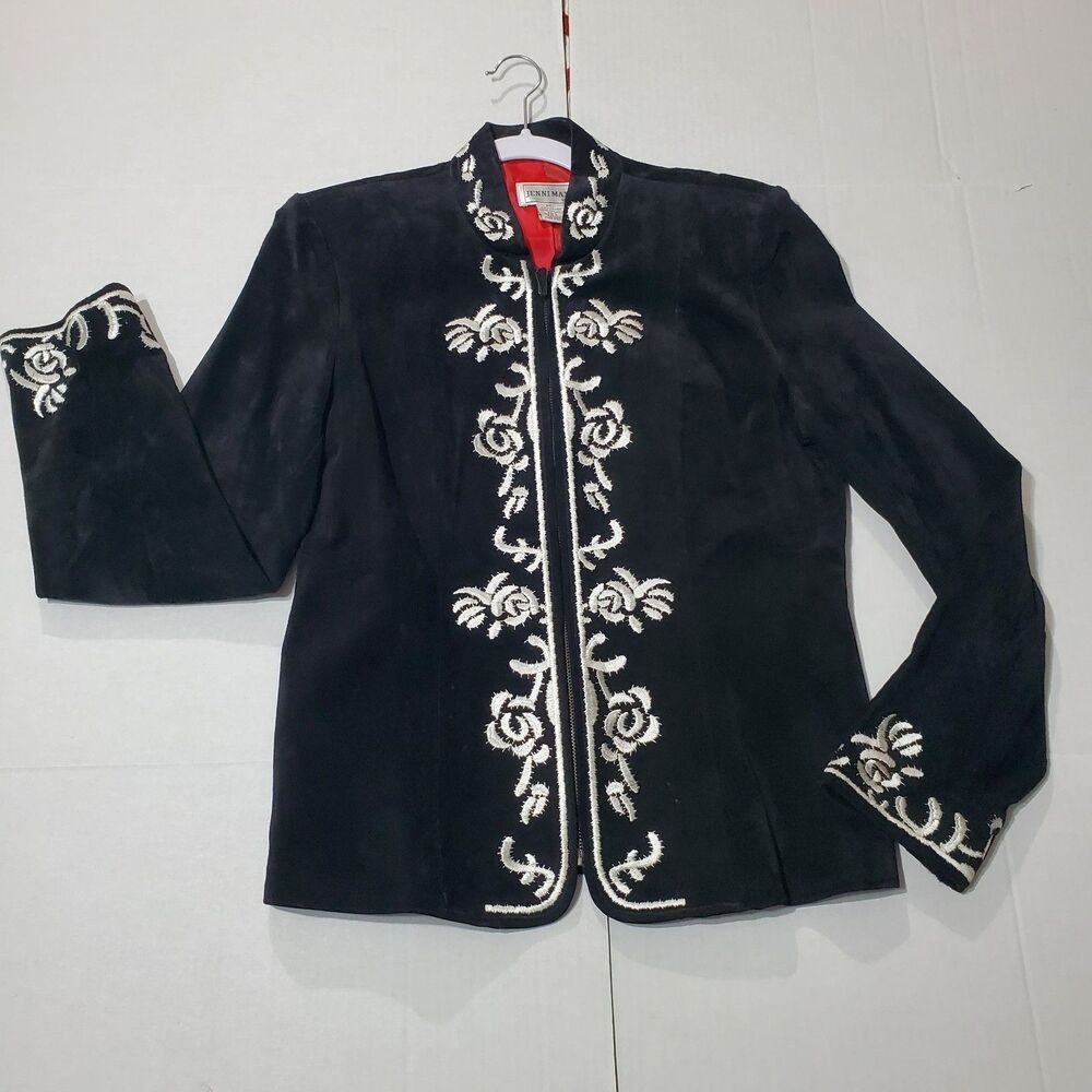 Vintage Suede Leather Black / White Floral Embroidered Zip Jacket , Size 12 - Picture 2 of 16